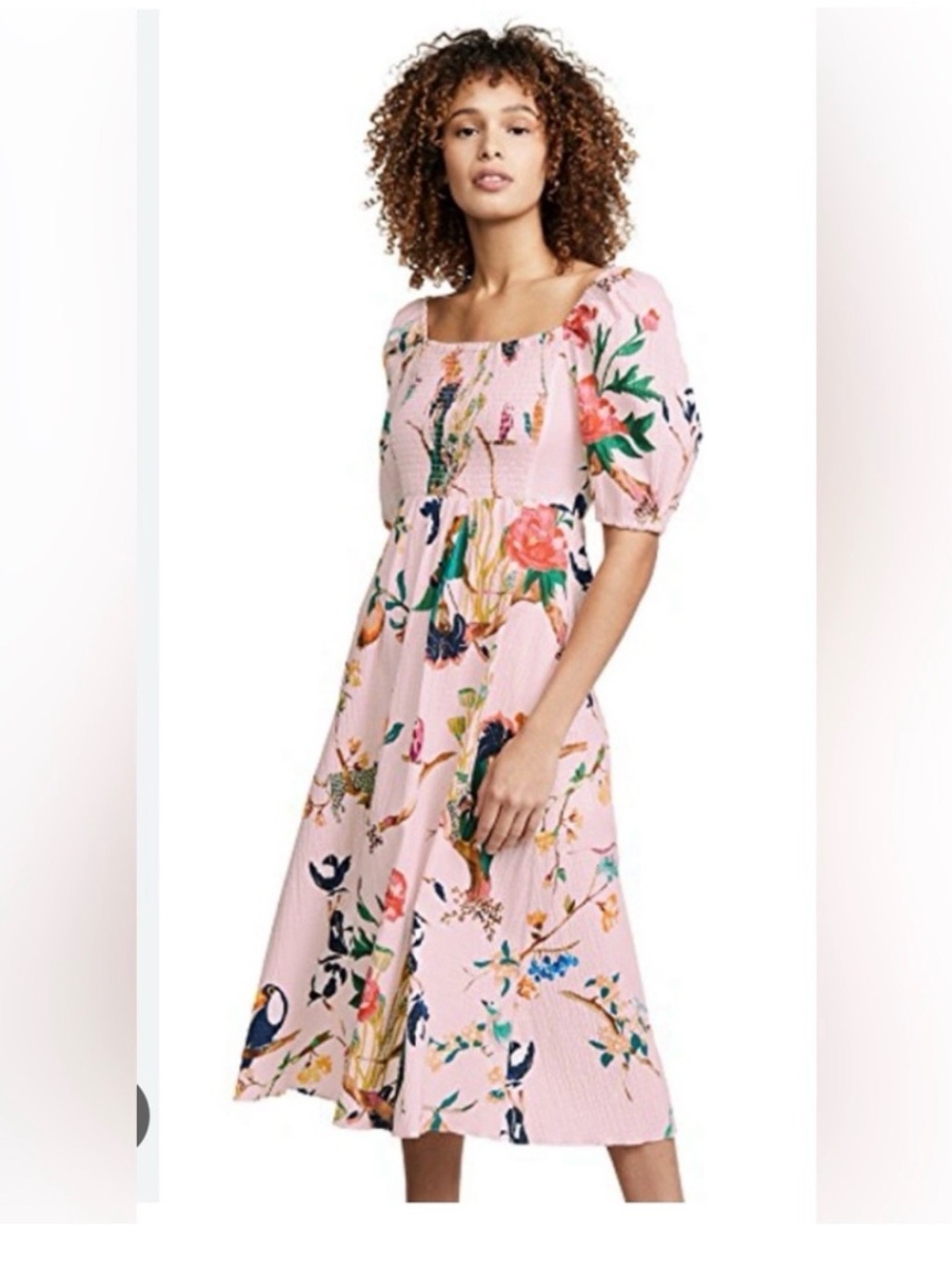 Tanya Taylor Midi Dress Lucinda Pink Cotton Blend Jungle Bird Print small